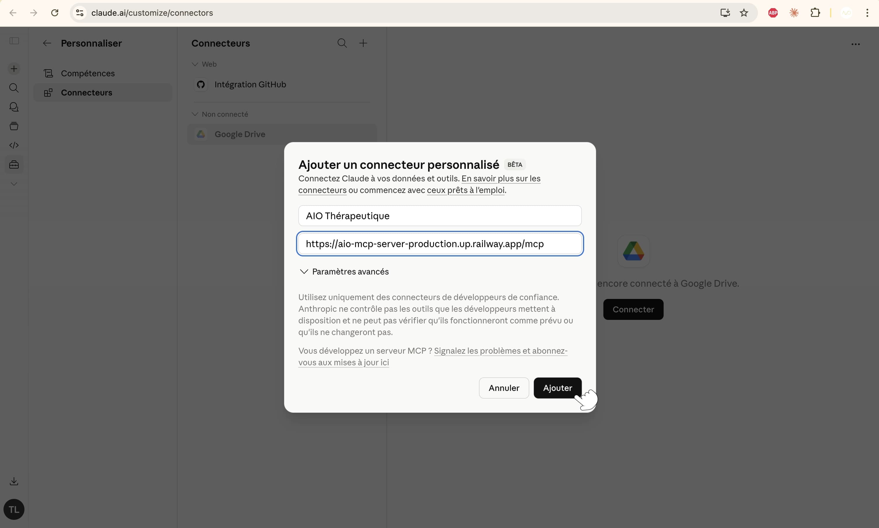 Claude — AIO Thérapeutique connector form